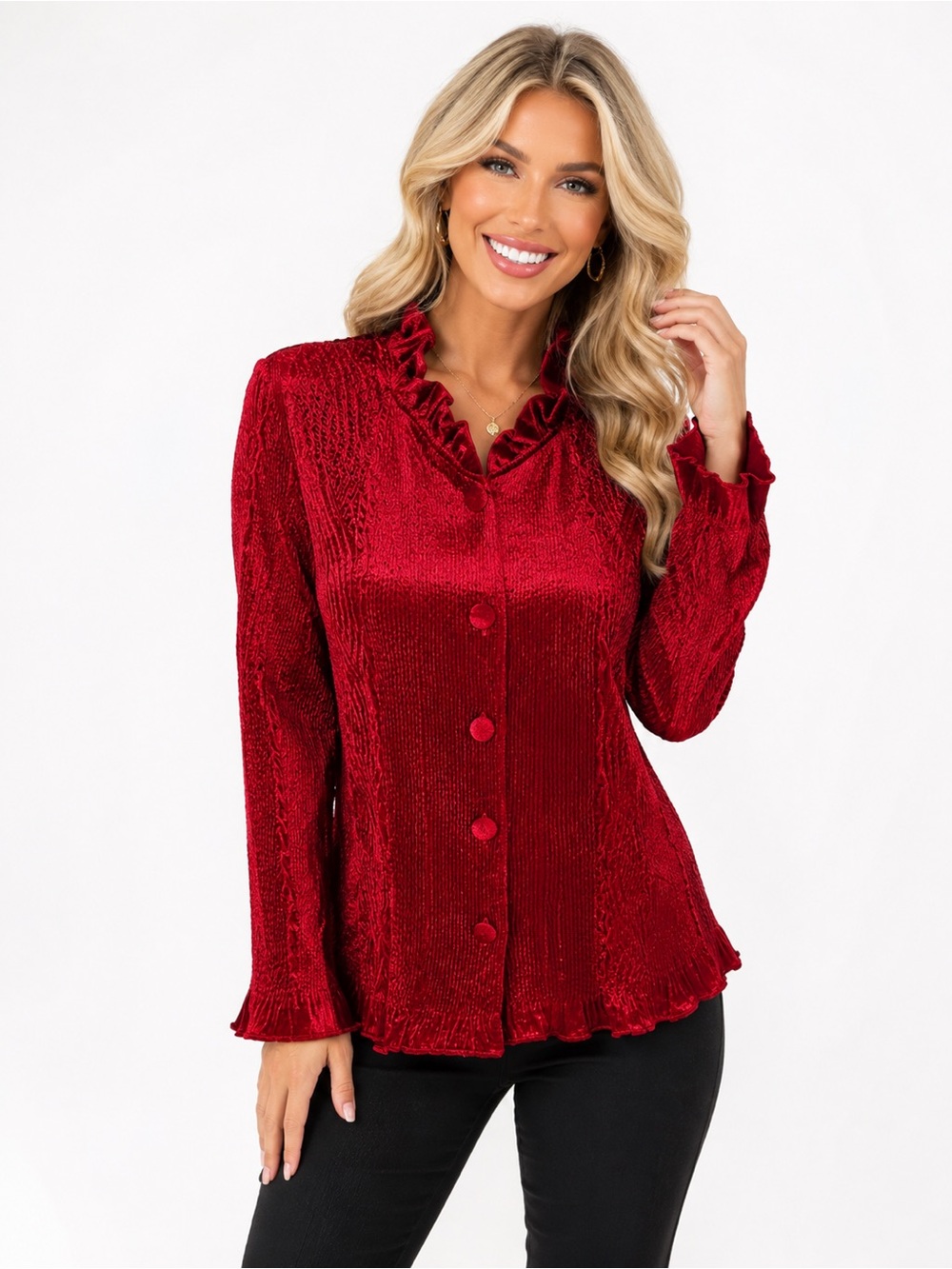 Chico’s Women’s Size 2 (L/12) Red Crinkle Velvet Ruffle Button Front Blouse